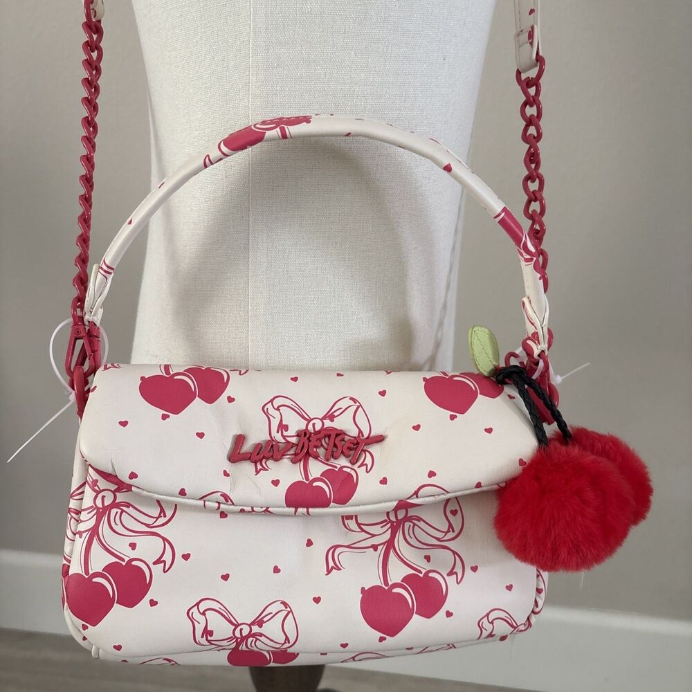 LUV BETSEY JOHNSON LB CORAL Cherries Hearts Crossbody Bag W/Keychain Soft Faux